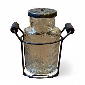 Vintage Glass Flower Holder Jar with Frog Lid Clear Design Metal Wood Handles